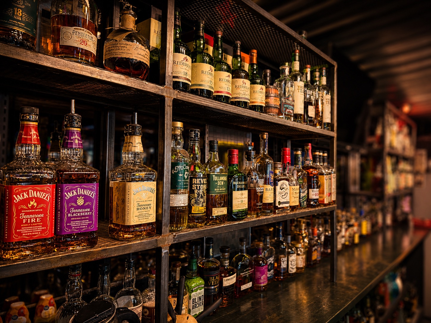 Charlee's Bar whiskey wall featuring 180+ bottles of rare Irish and premium whiskeys in Elko, Nevada